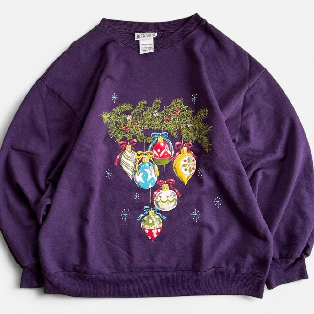 Vintage Basic Editions Purple Cozy Granny Christmas Sweater Sweatshirt Ornaments